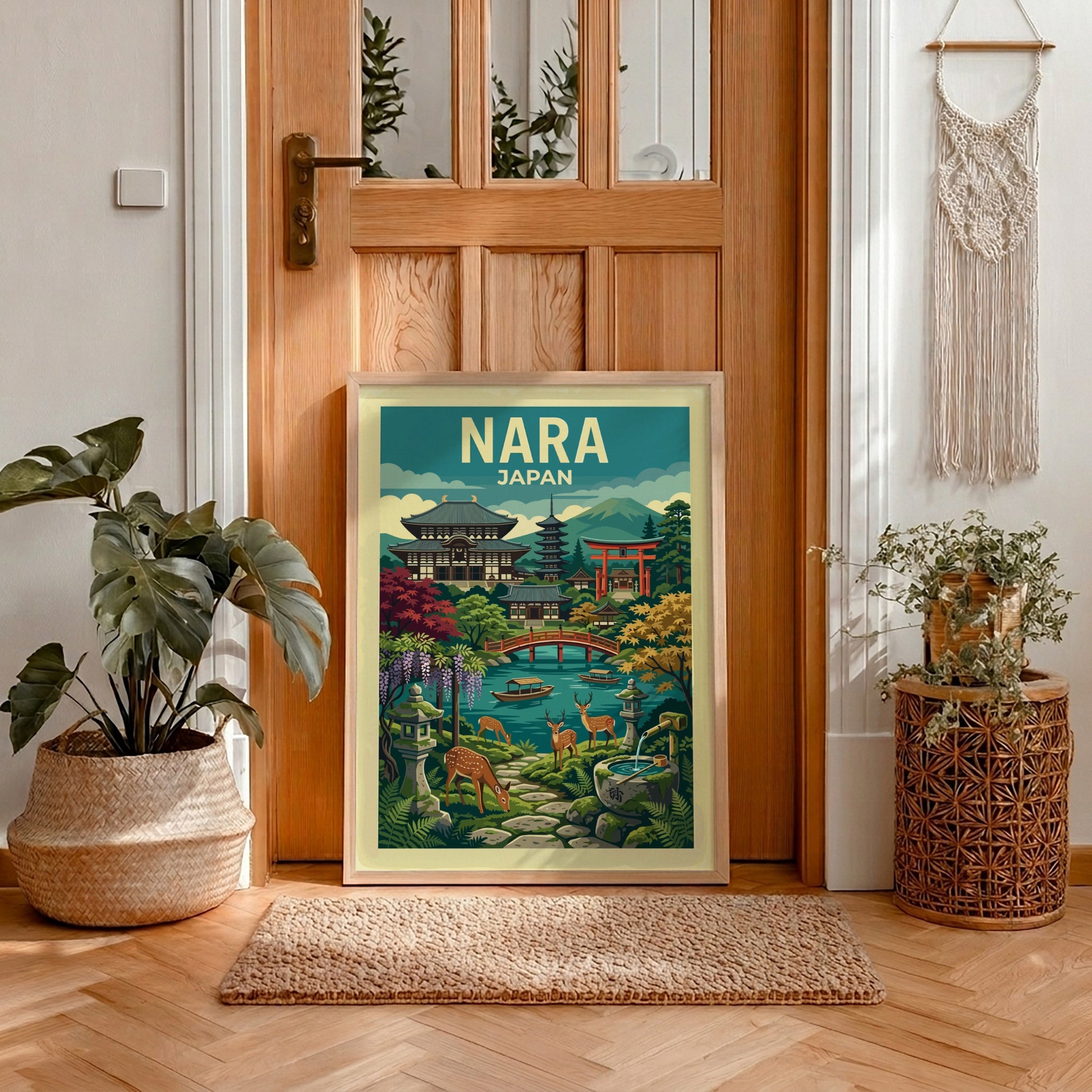 Nara Japan travel poster featuring temples, torii gate, deer, and a pond in a vibrant illustrative style.