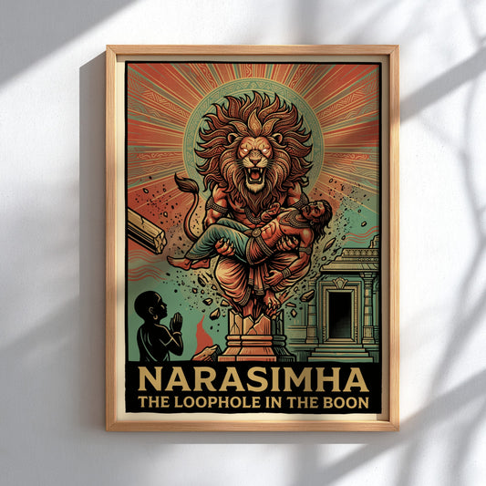Narasimha poster featuring a fierce man-lion avatar in bold orange and teal colours