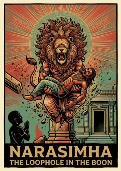 Narasimha poster featuring a fierce man-lion avatar in bold orange and teal colours