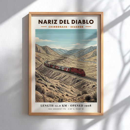 Poster of a red train traveling through the rugged Nariz Del Diablo mountains.