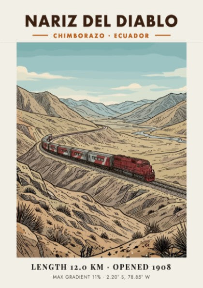 Poster of a red train traveling through the rugged Nariz Del Diablo mountains.