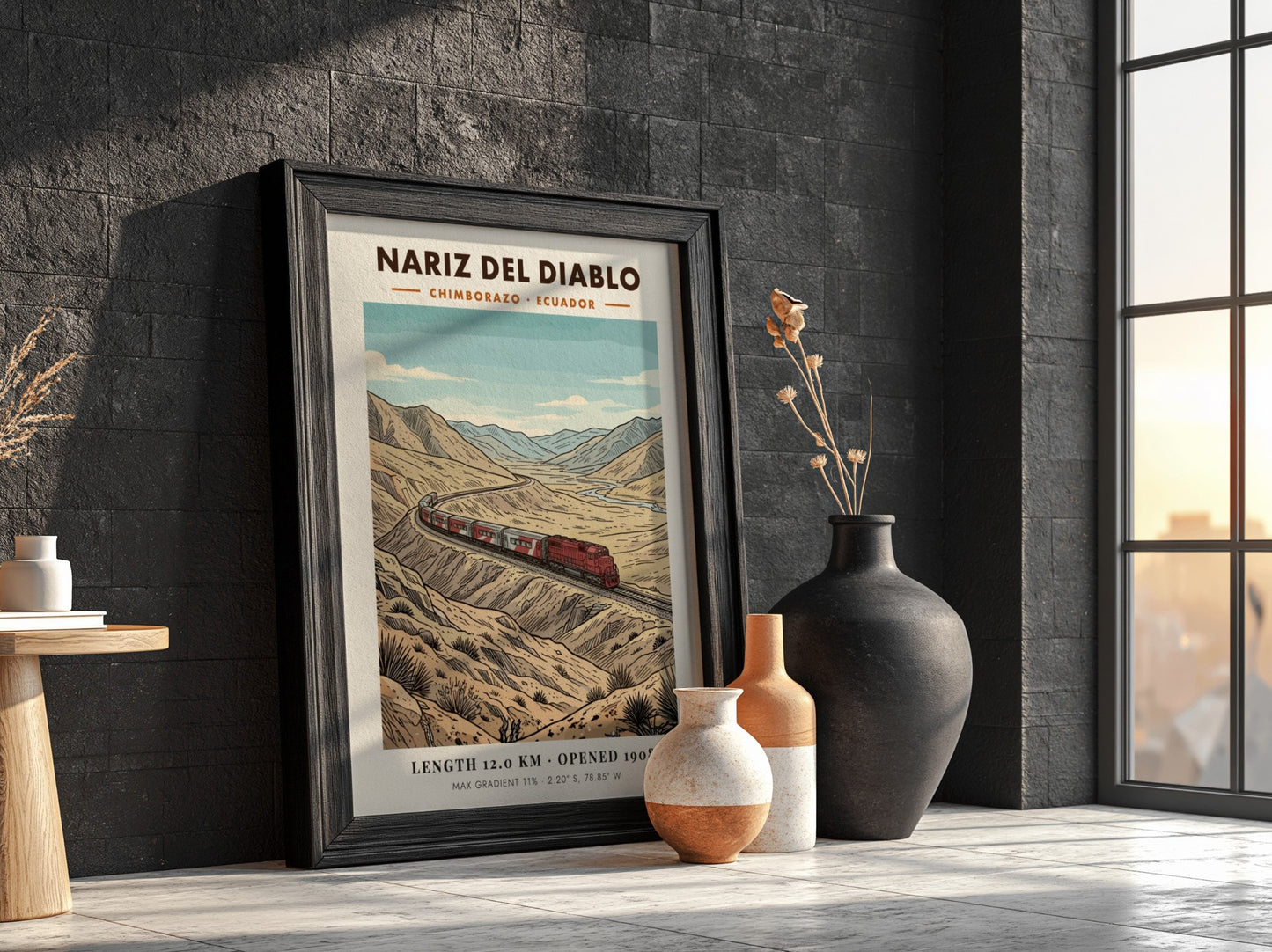 Poster of a red train traveling through the rugged Nariz Del Diablo mountains.