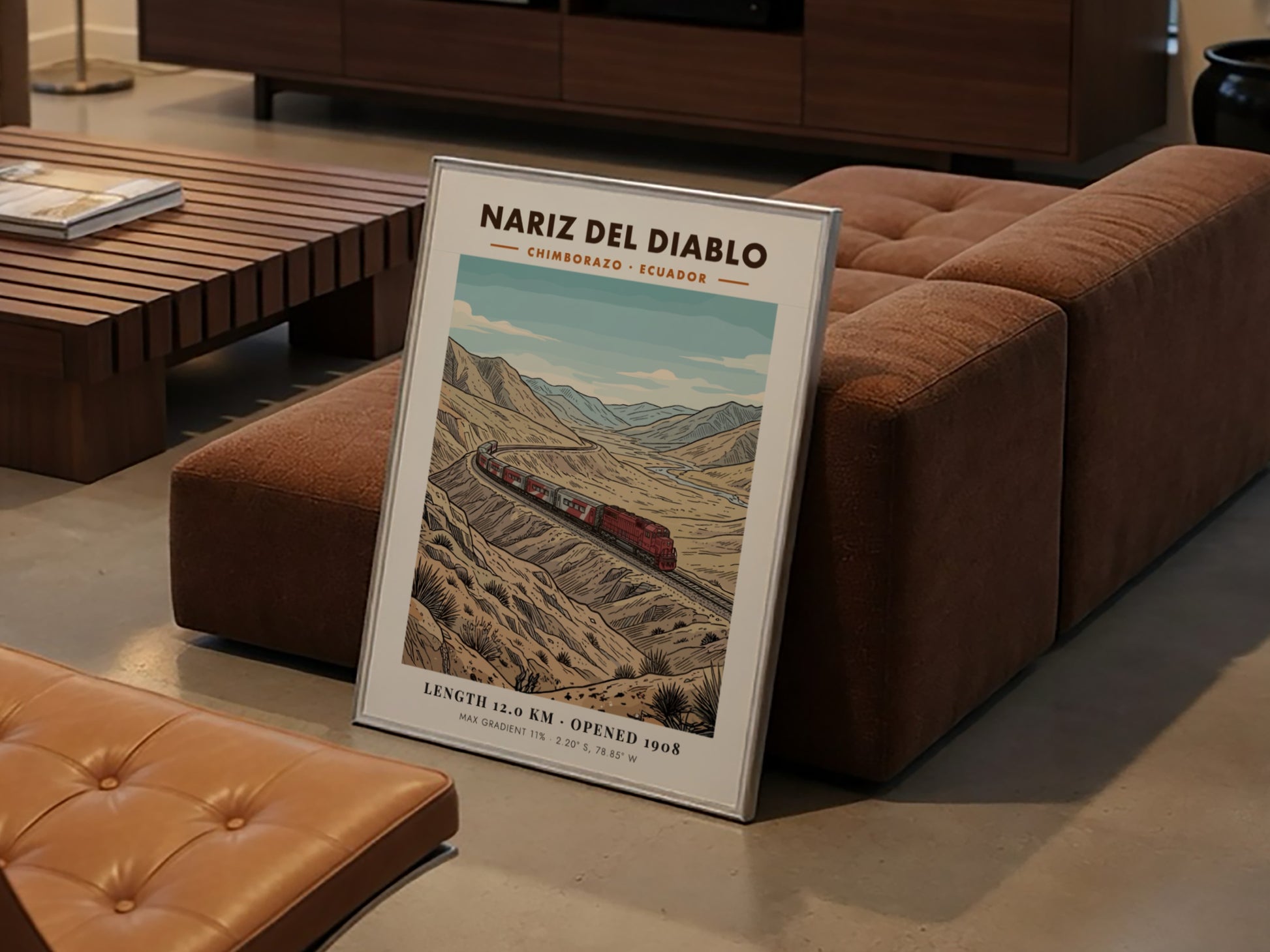 Poster of a red train traveling through the rugged Nariz Del Diablo mountains.