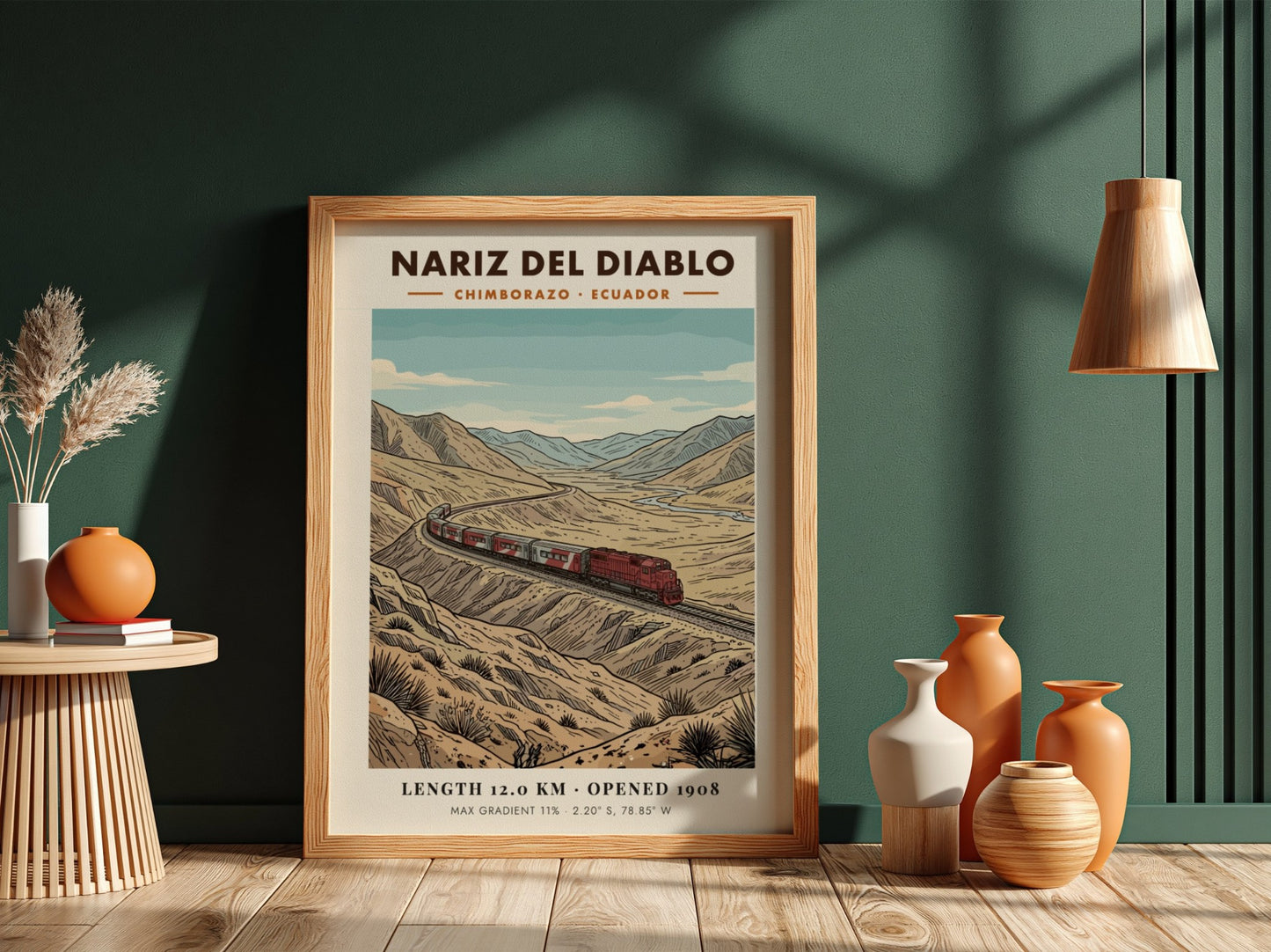 Poster of a red train traveling through the rugged Nariz Del Diablo mountains.