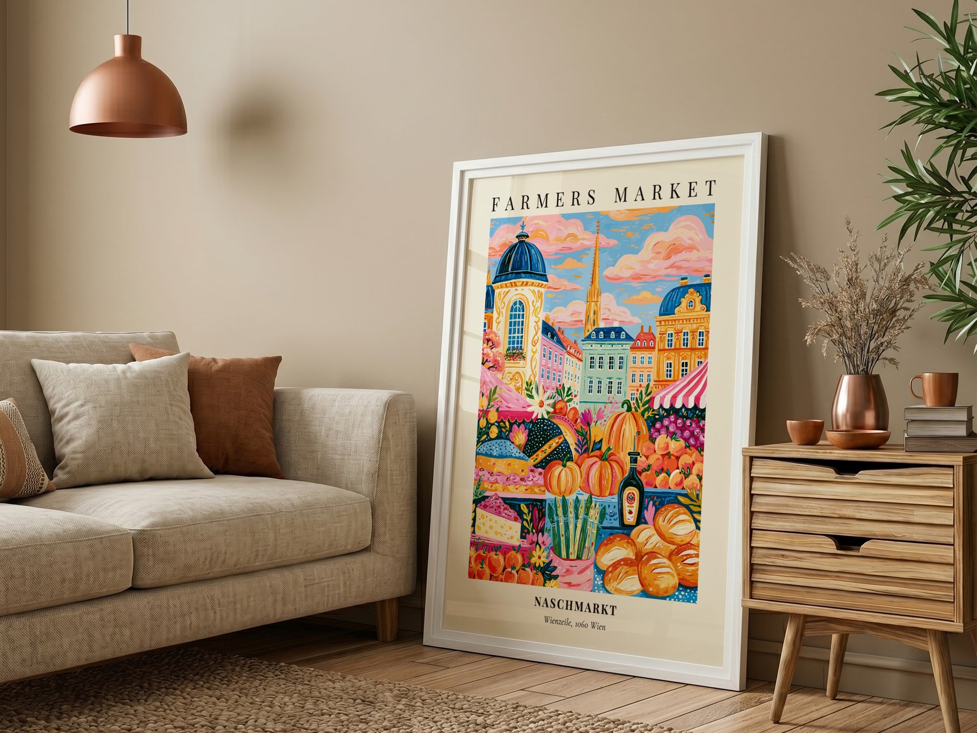 Naschmarkt poster featuring colorful fruits and vegetables in Vienna's farmers market style
