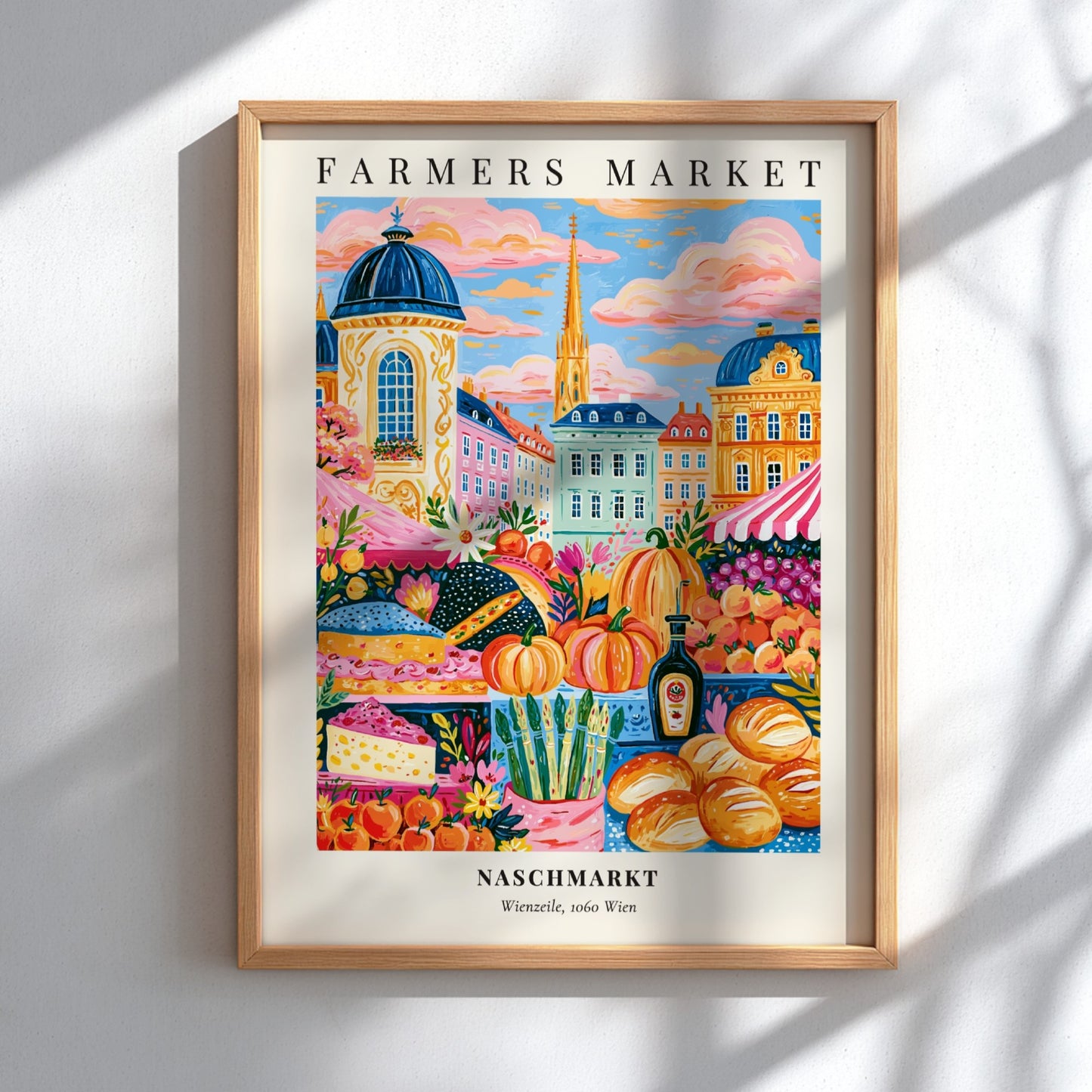 Naschmarkt poster featuring colorful fruits and vegetables in Vienna's farmers market style