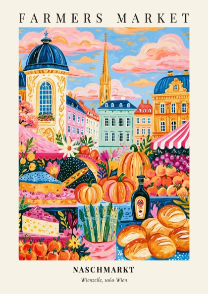 Naschmarkt poster featuring colorful fruits and vegetables in Vienna's farmers market style