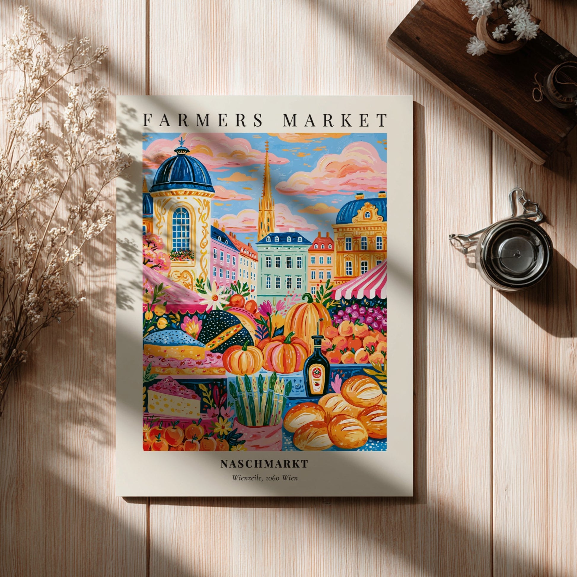 Naschmarkt poster featuring colorful fruits and vegetables in Vienna's farmers market style