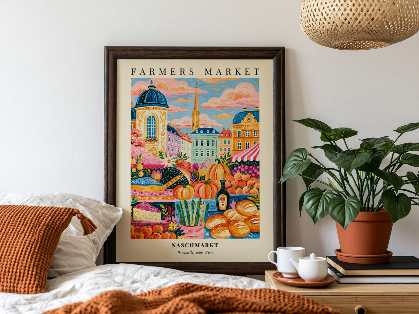 Naschmarkt poster featuring colorful fruits and vegetables in Vienna's farmers market style