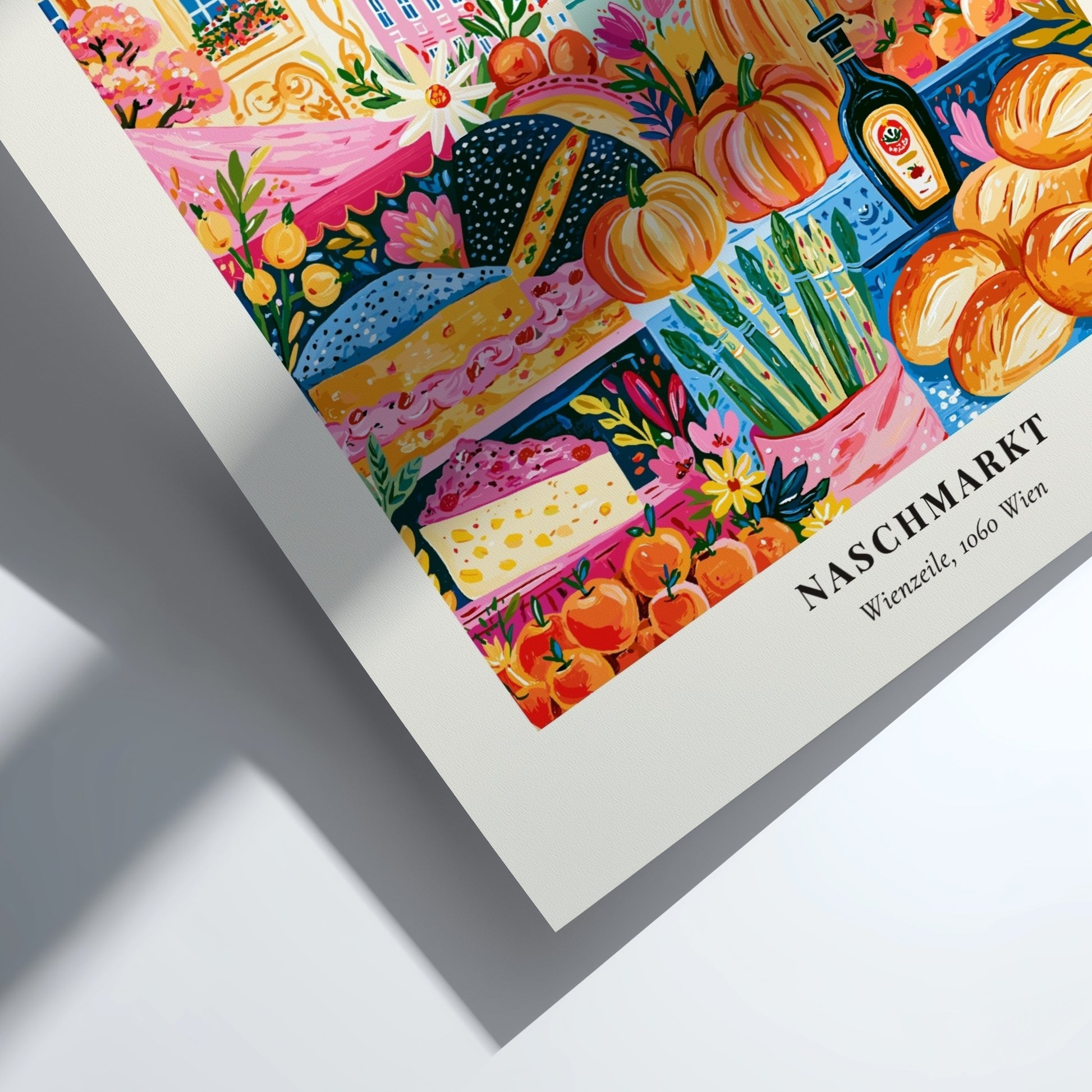 Naschmarkt poster featuring colorful fruits and vegetables in Vienna's farmers market style