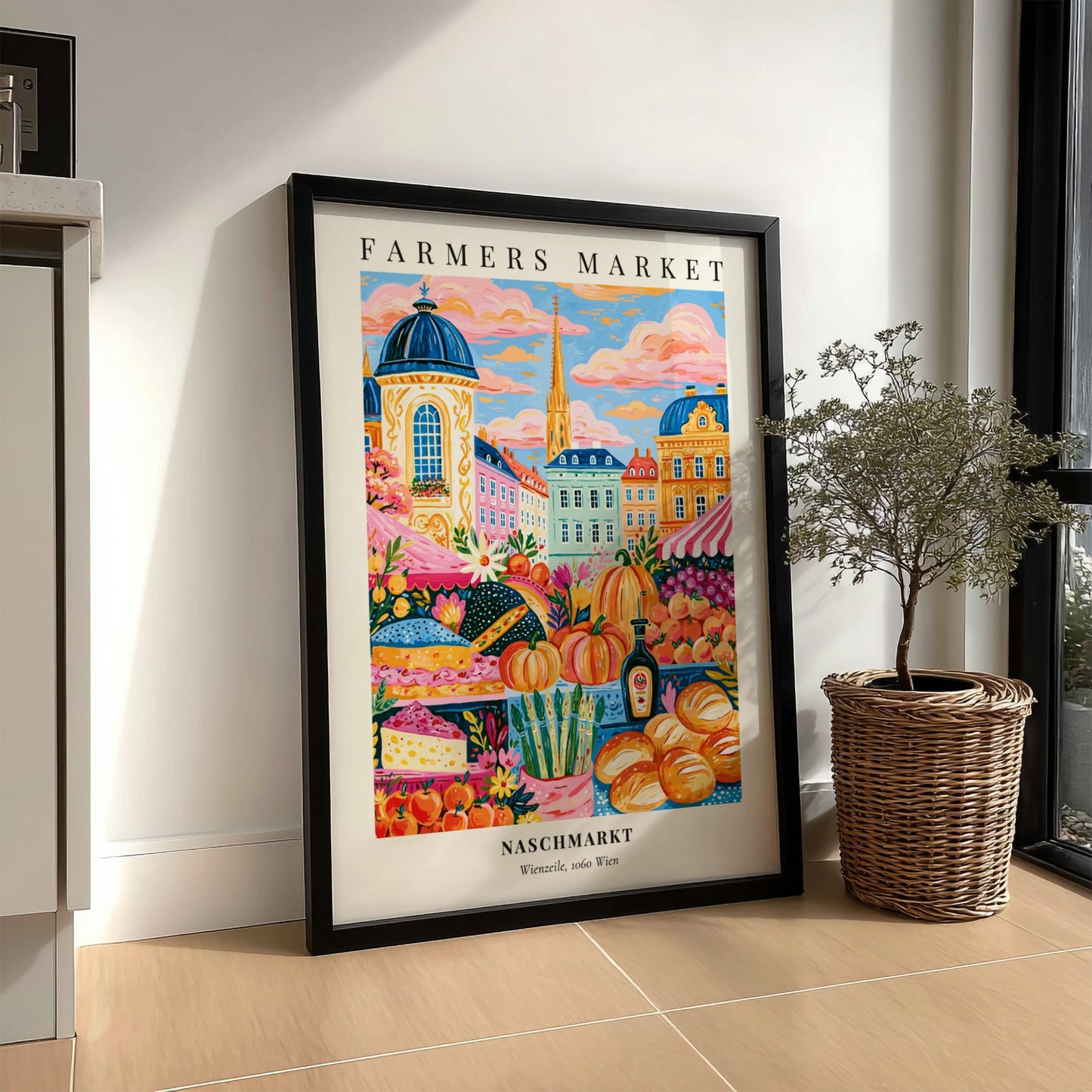 Naschmarkt poster featuring colorful fruits and vegetables in Vienna's farmers market style