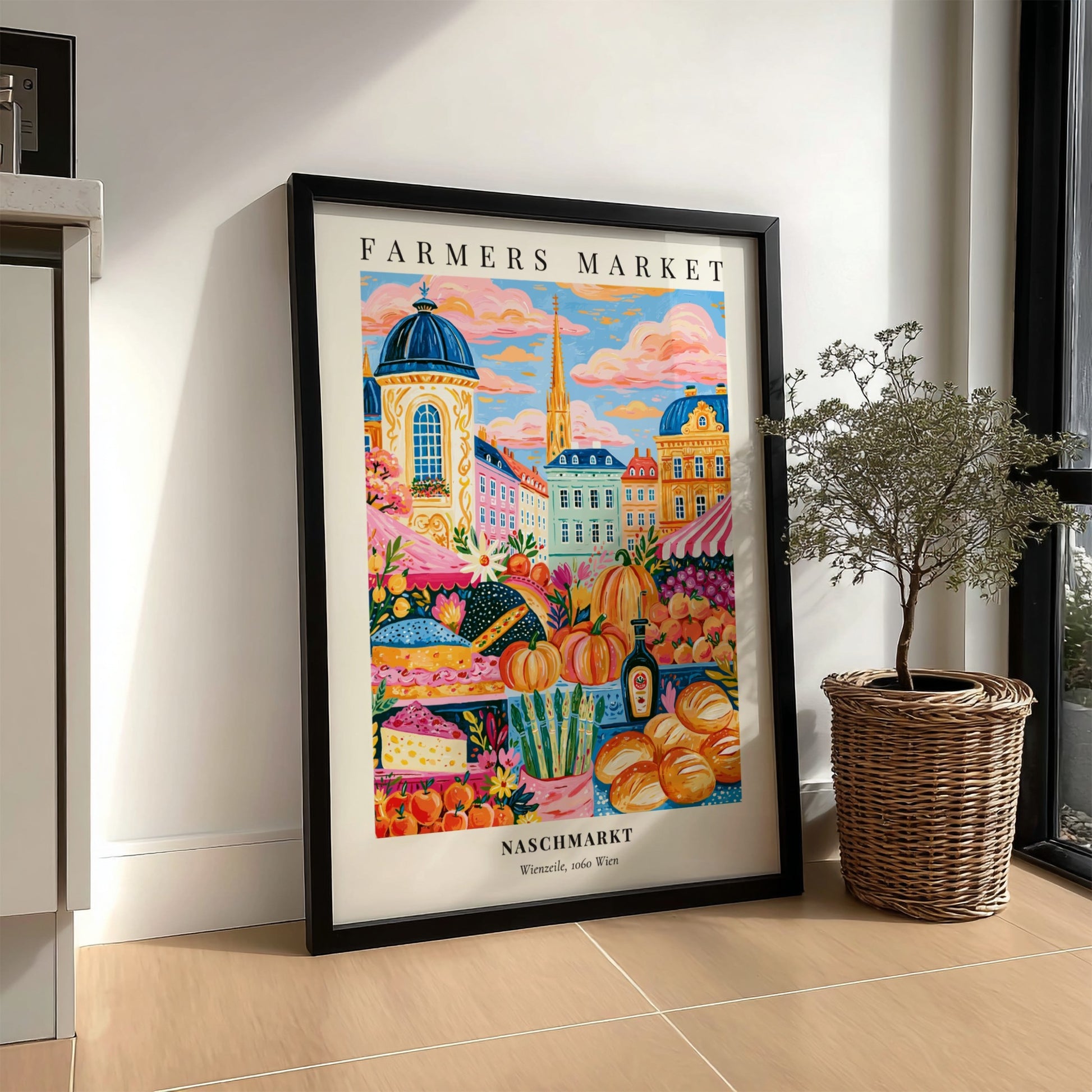 Naschmarkt poster featuring colorful fruits and vegetables in Vienna's farmers market style