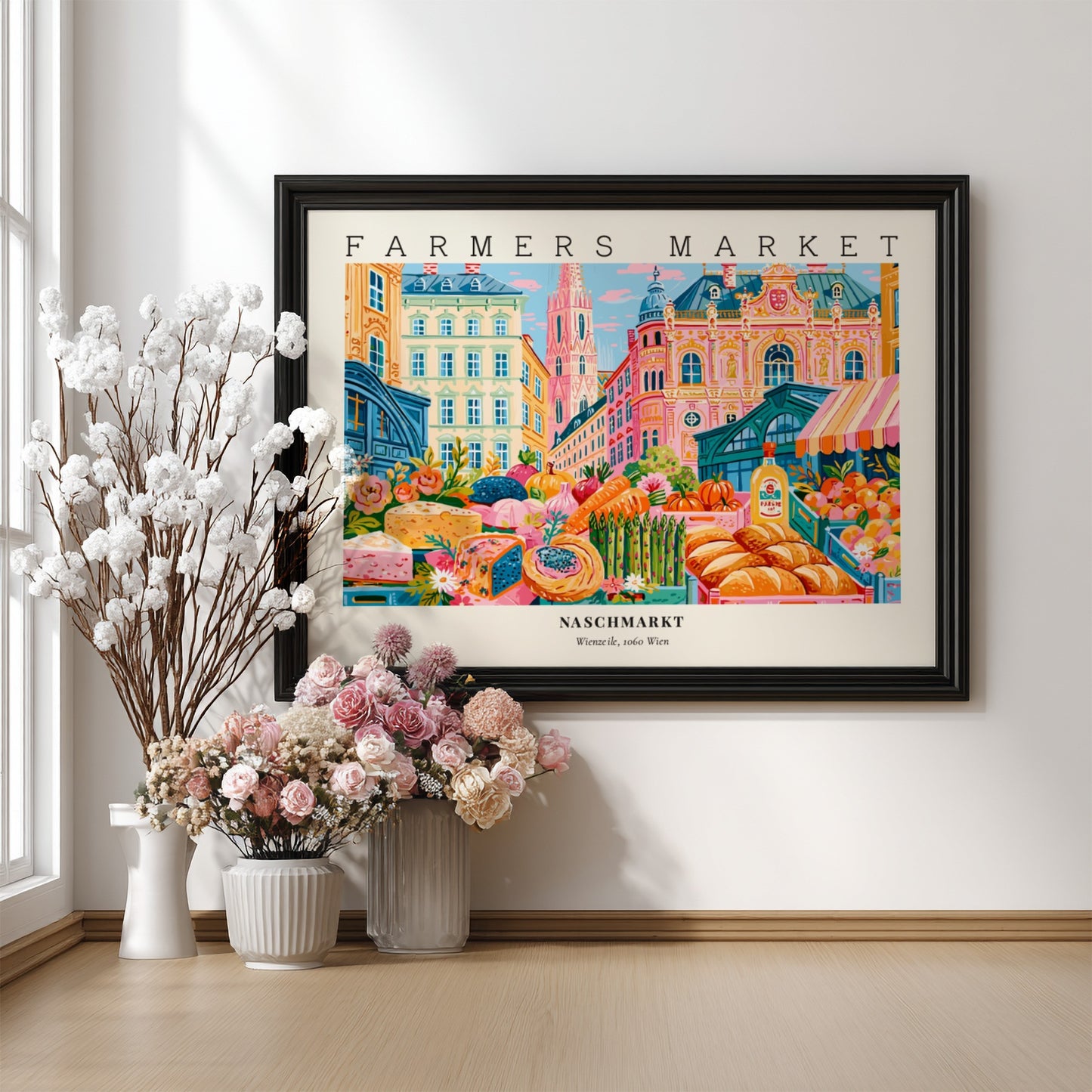 Farmers market poster showcasing vibrant produce and architecture in Vienna