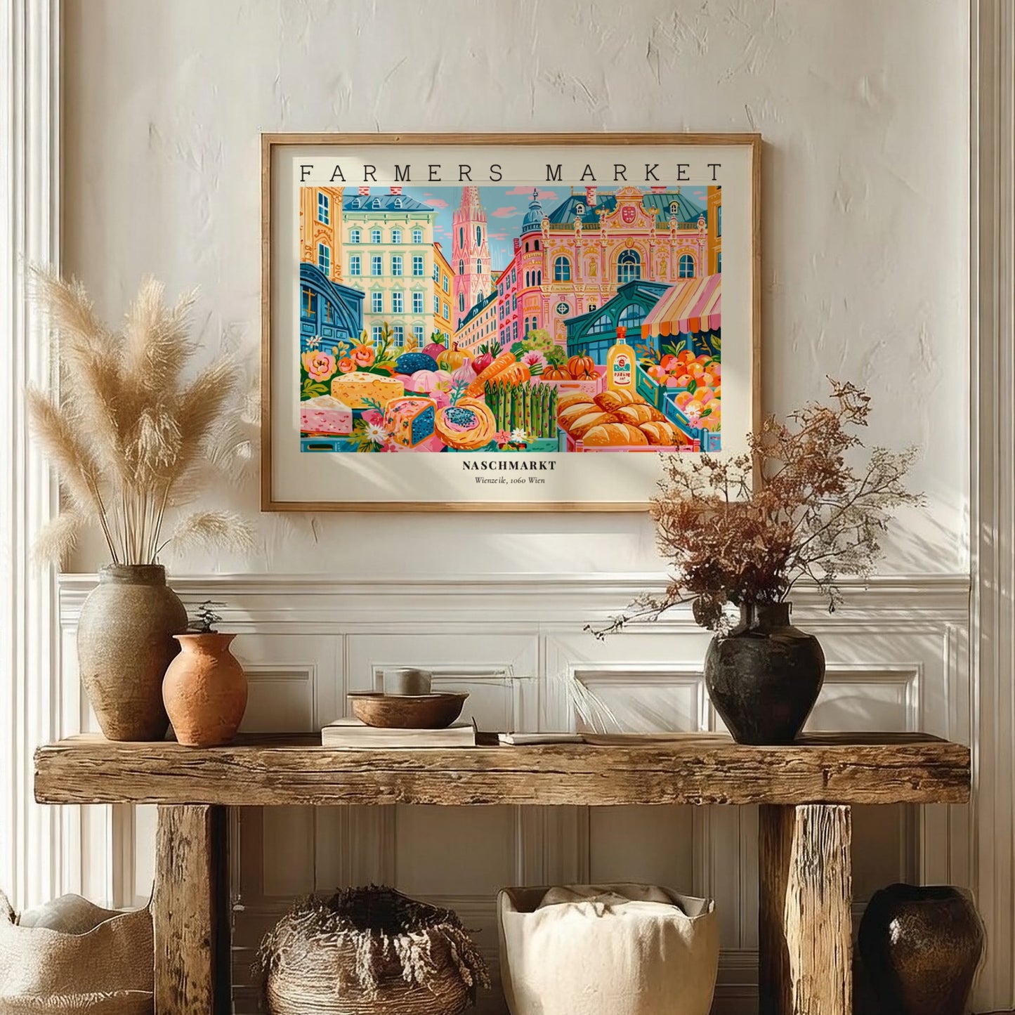 Farmers market poster showcasing vibrant produce and architecture in Vienna