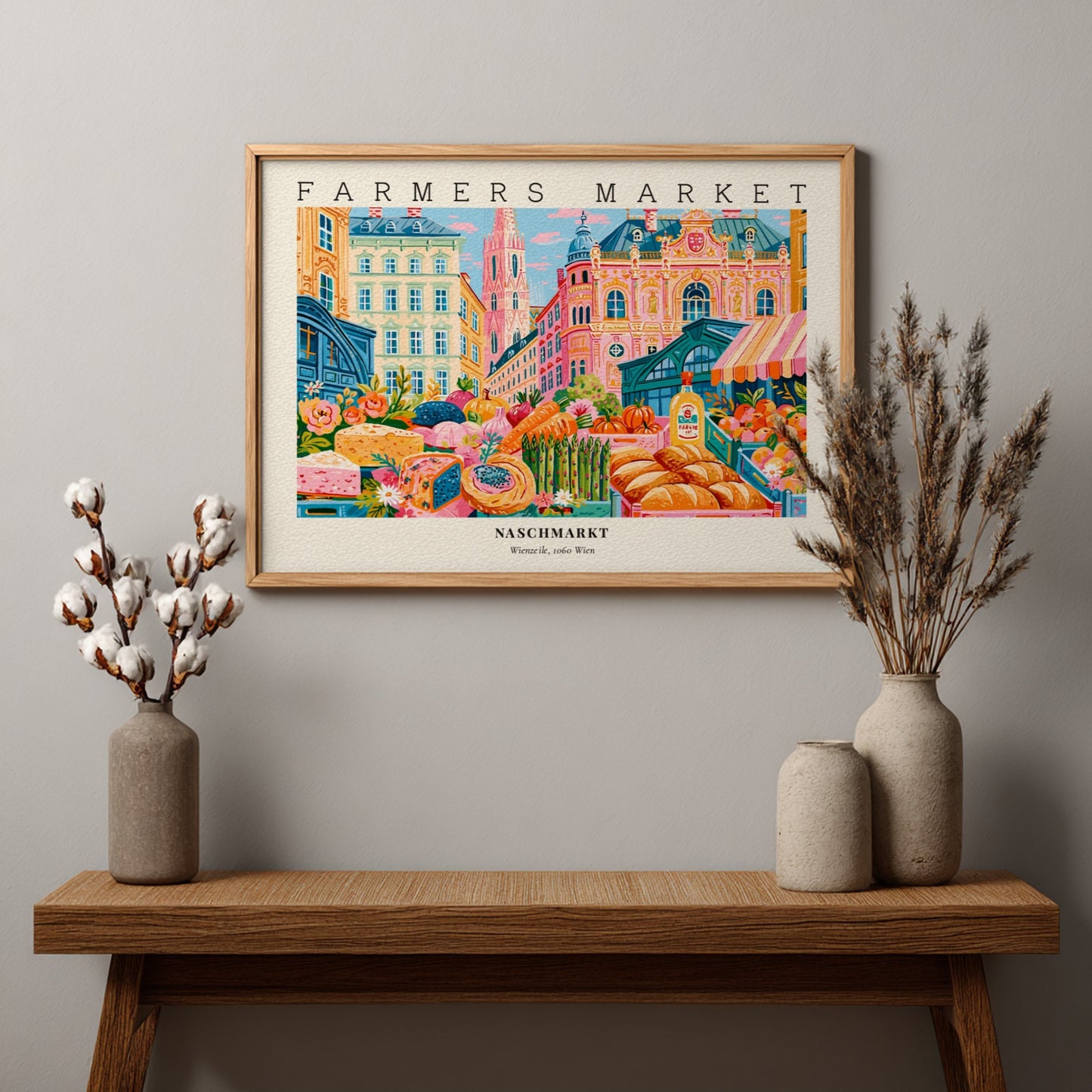 Farmers market poster showcasing vibrant produce and architecture in Vienna