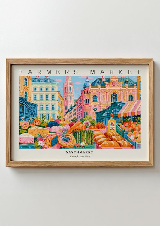 Farmers market poster showcasing vibrant produce and architecture in Vienna