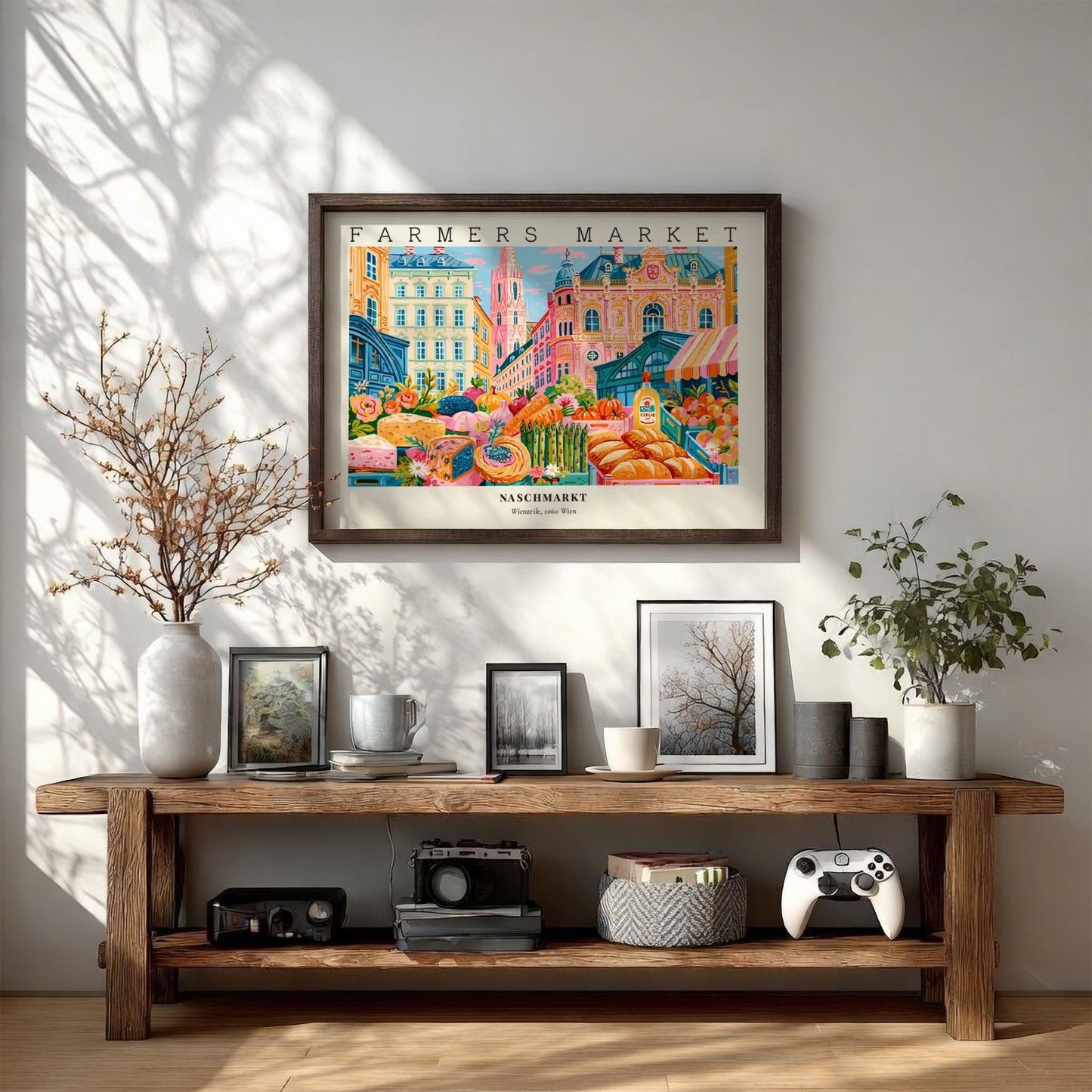 Farmers market poster showcasing vibrant produce and architecture in Vienna