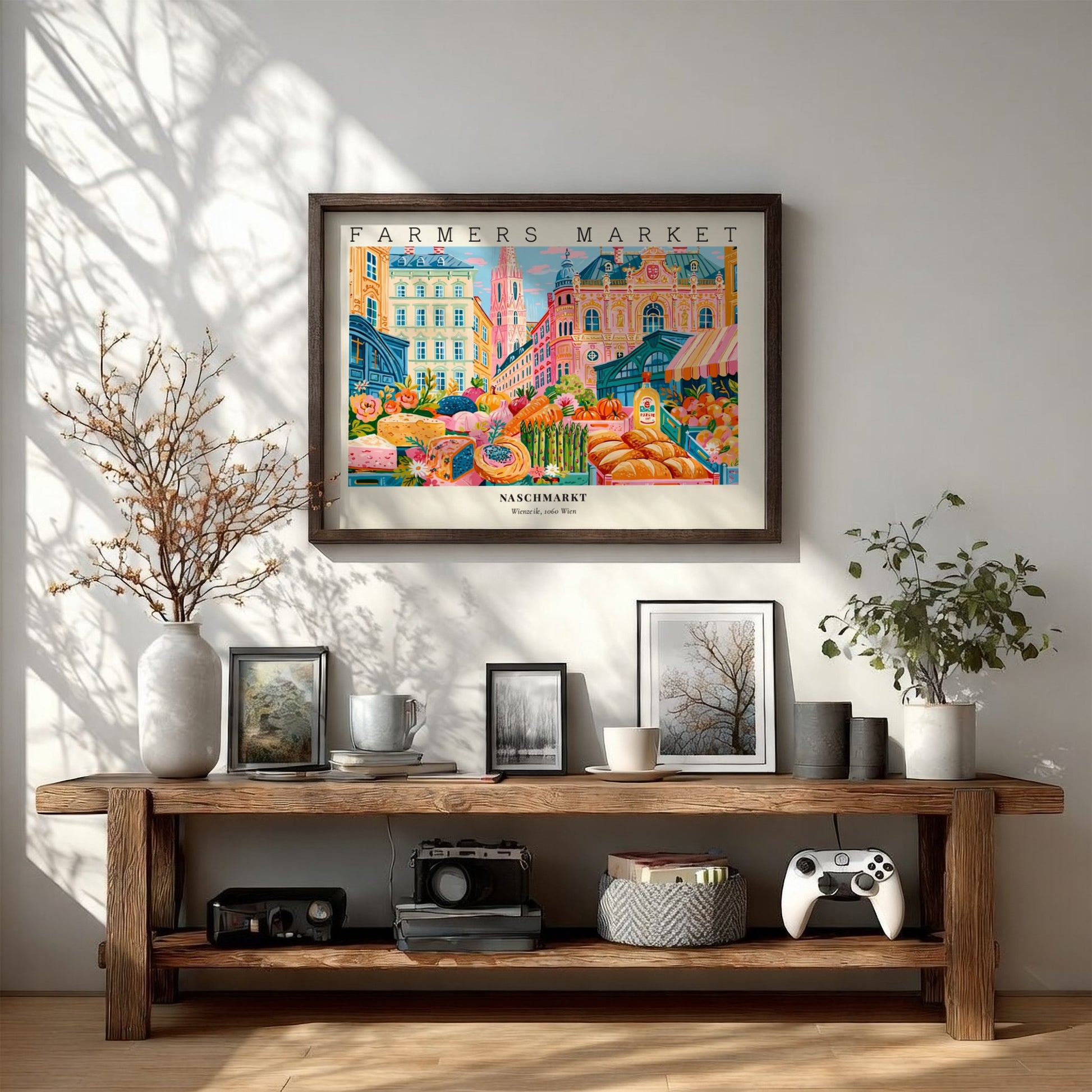 Farmers market poster showcasing vibrant produce and architecture in Vienna