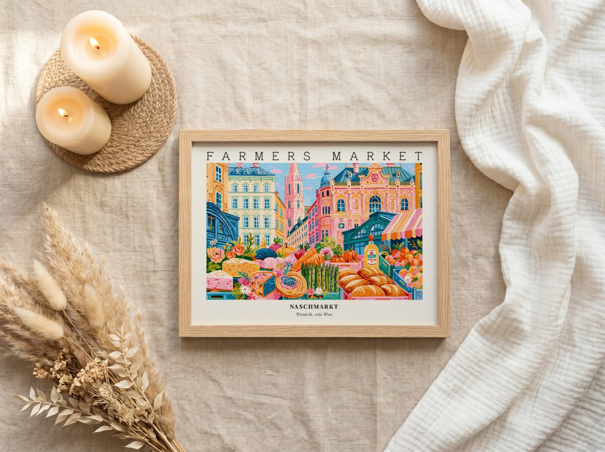 Farmers market poster showcasing vibrant produce and architecture in Vienna