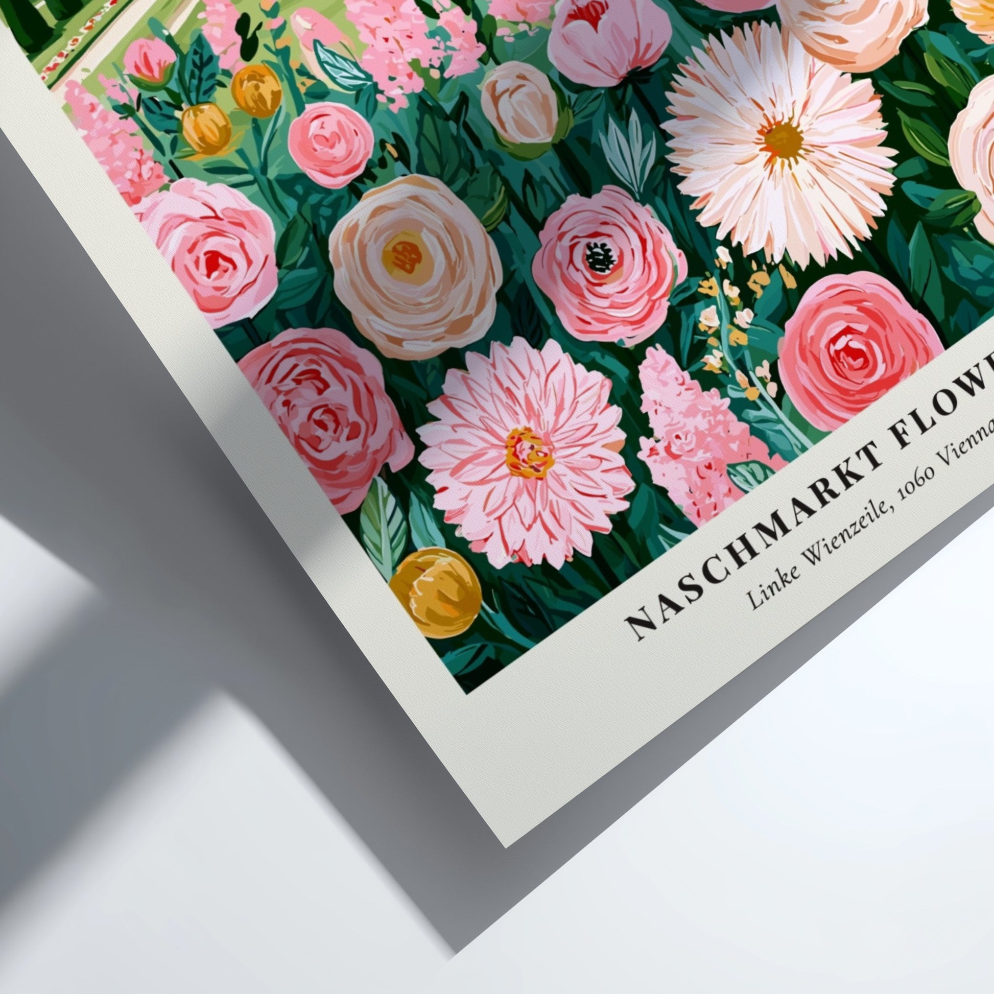 Floral wall art poster featuring pink flowers and an elegant building in a vibrant style