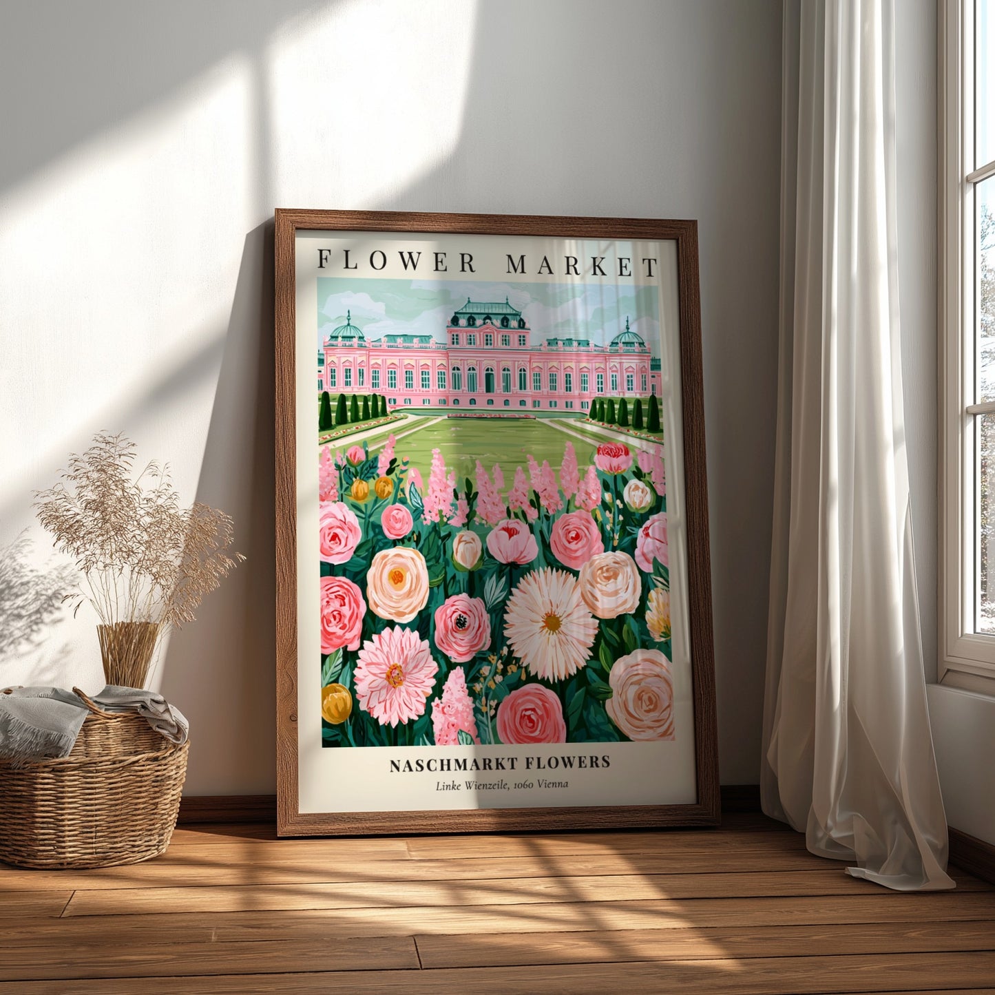 Floral wall art poster featuring pink flowers and an elegant building in a vibrant style