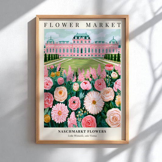 Floral wall art poster featuring pink flowers and an elegant building in a vibrant style