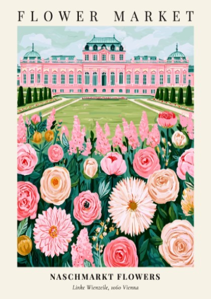 Floral wall art poster featuring pink flowers and an elegant building in a vibrant style