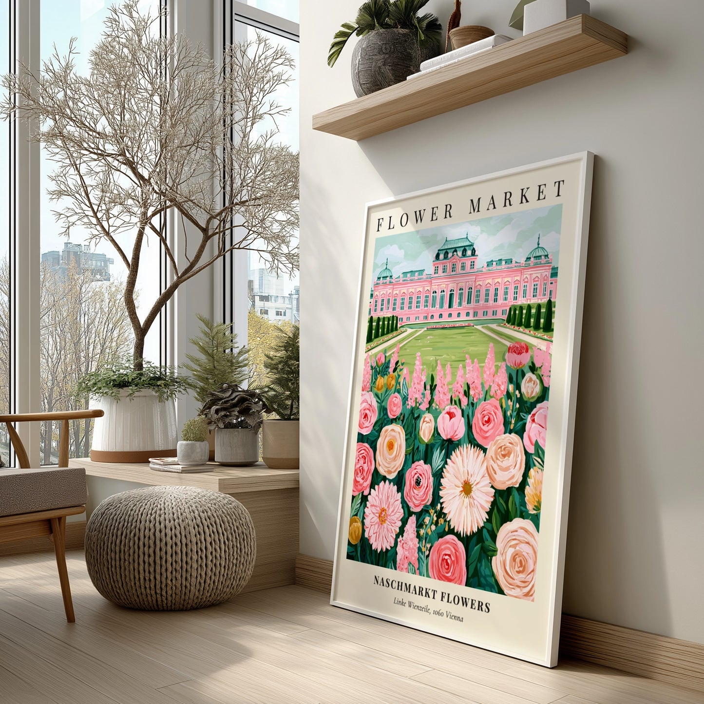 Floral wall art poster featuring pink flowers and an elegant building in a vibrant style
