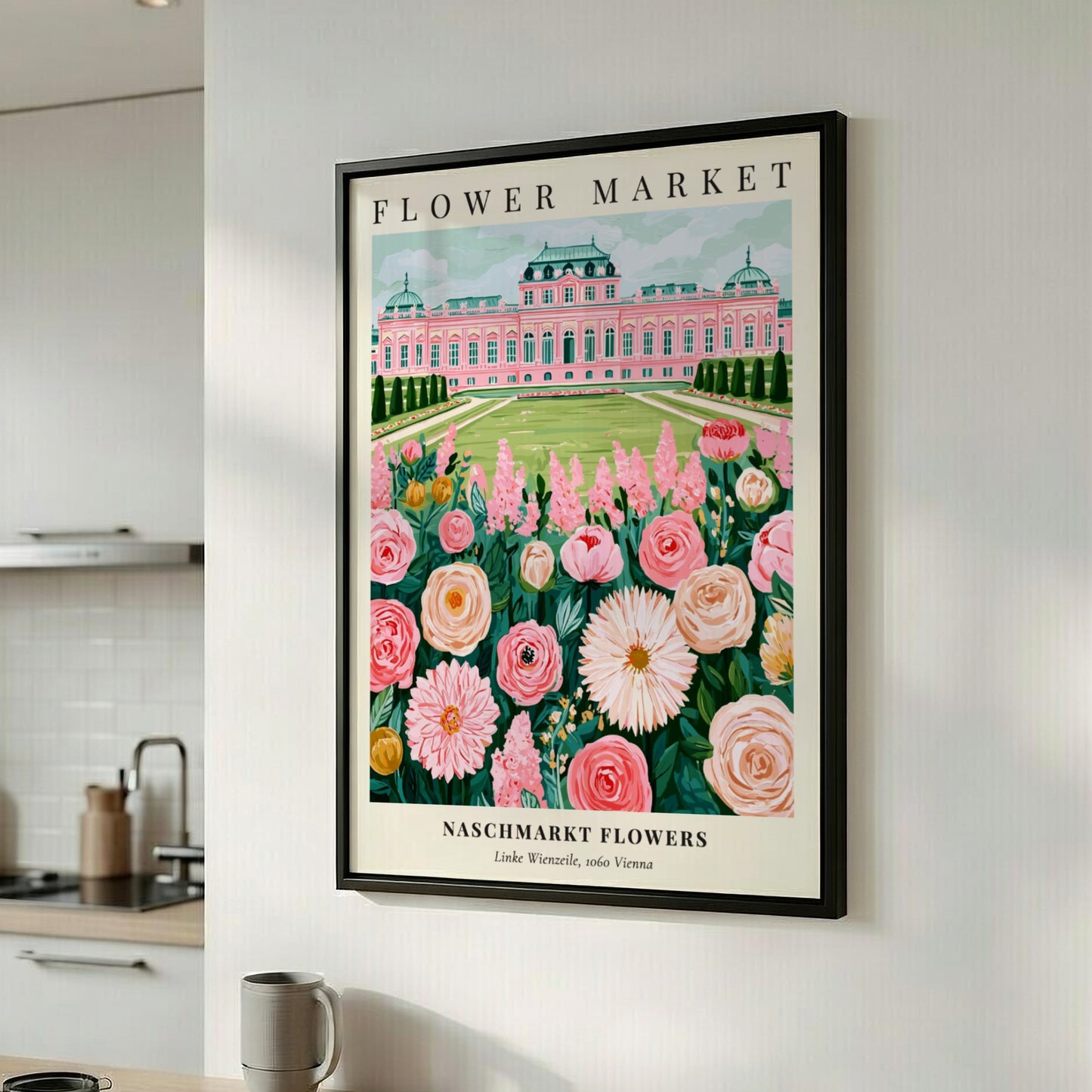 Floral wall art poster featuring pink flowers and an elegant building in a vibrant style
