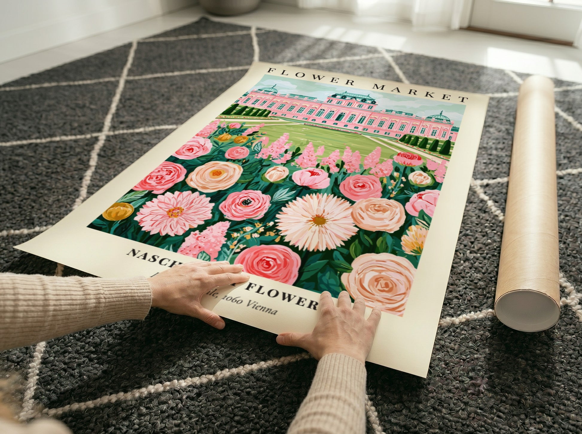 Floral wall art poster featuring pink flowers and an elegant building in a vibrant style