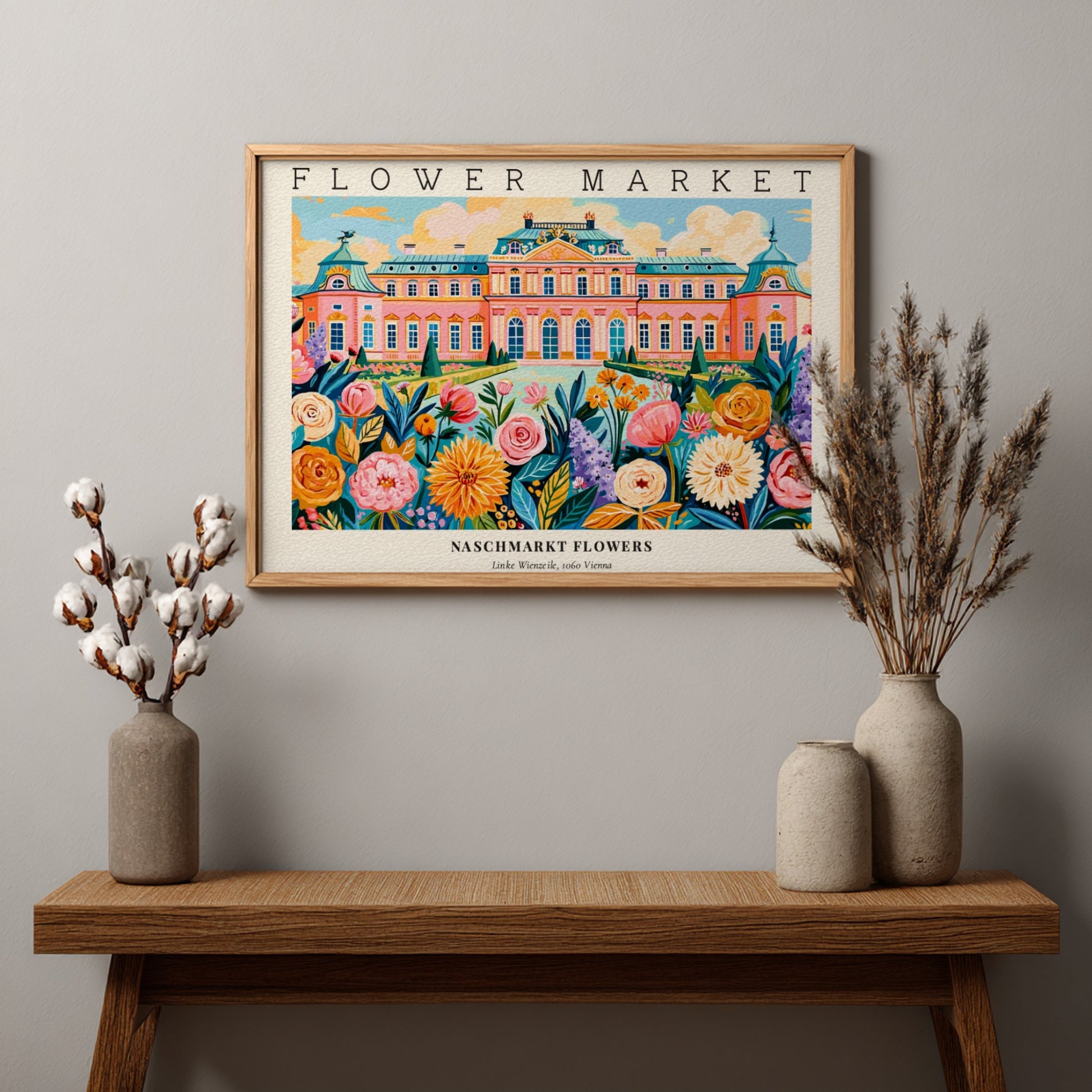 Flower market poster featuring vibrant flowers and a colorful landscape