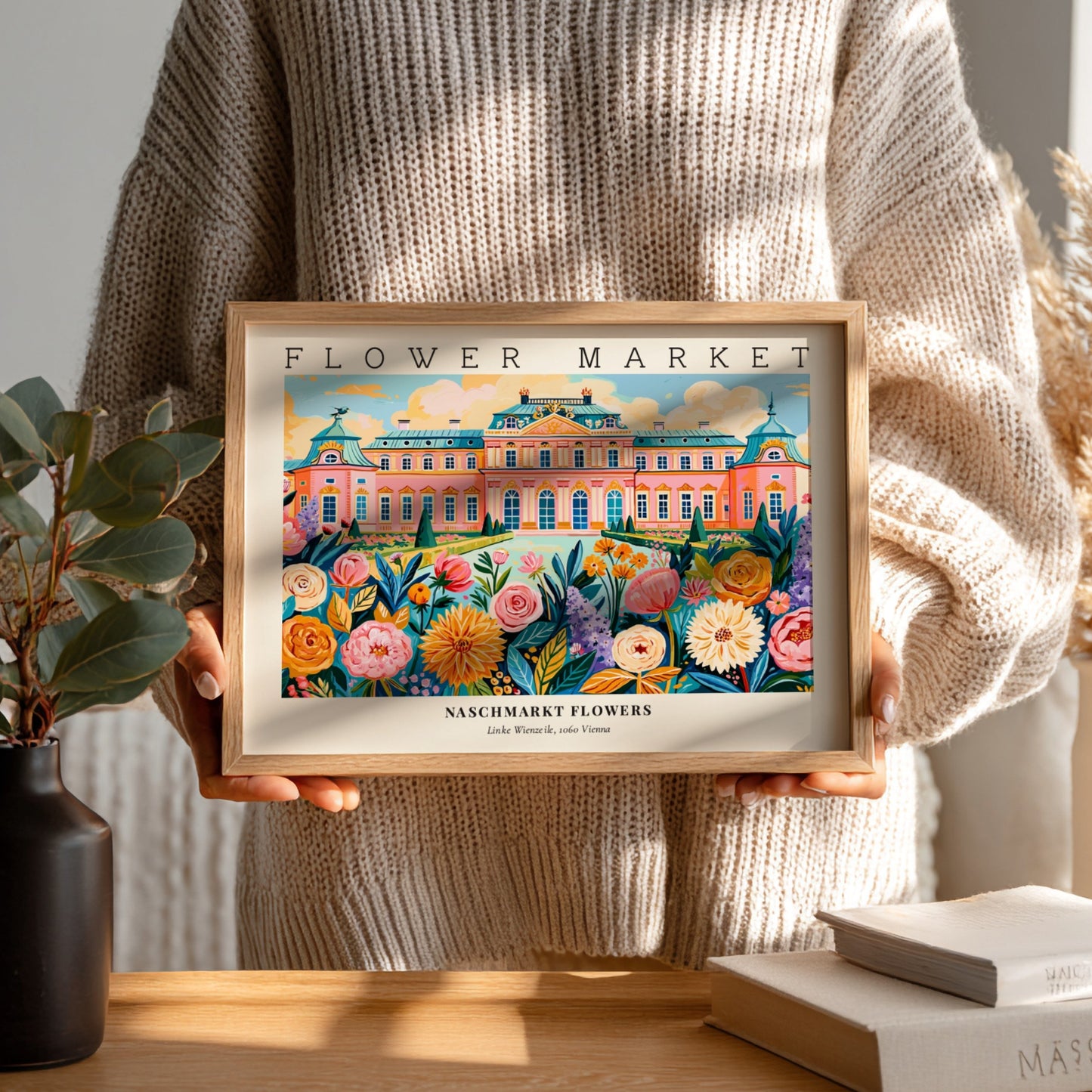 Naschmarkt flowers poster featuring colorful blooms and Vienna architecture in a vibrant style