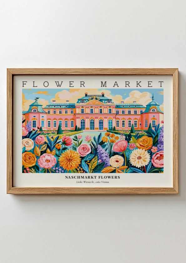 Naschmarkt flowers poster featuring colorful blooms and Vienna architecture in a vibrant style