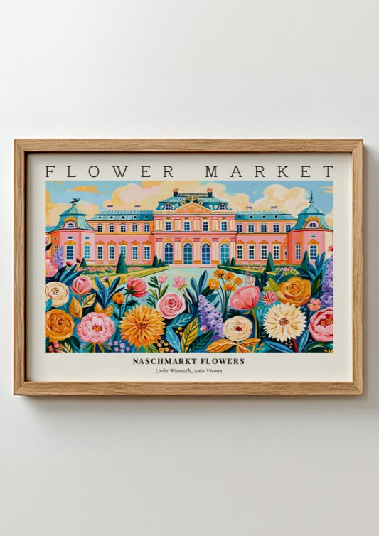 Naschmarkt flowers poster featuring colorful blooms and Vienna architecture in a vibrant style