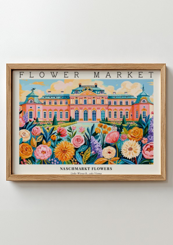 Flower market poster featuring vibrant flowers and a colorful landscape