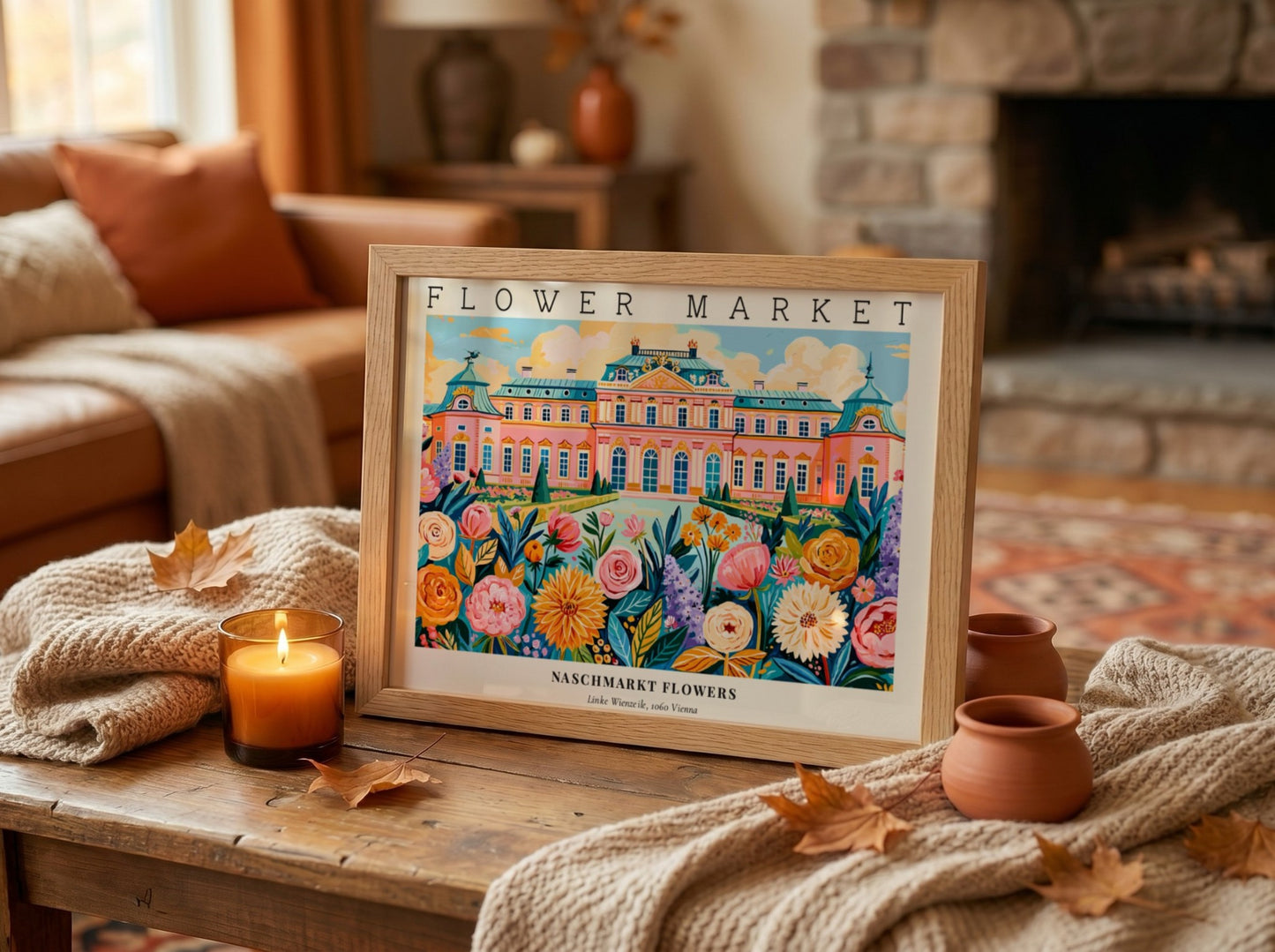 Flower market poster featuring vibrant flowers and a colorful landscape