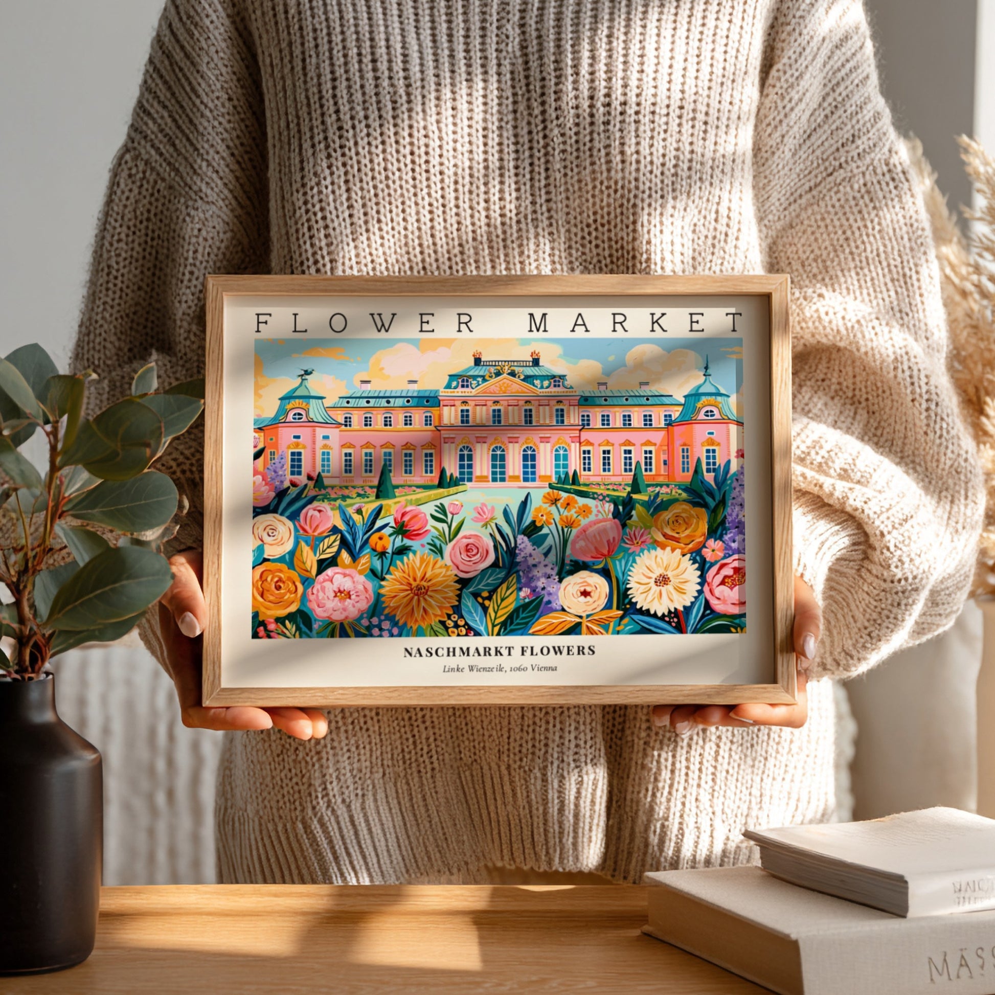 Flower market poster featuring vibrant flowers and a colorful landscape