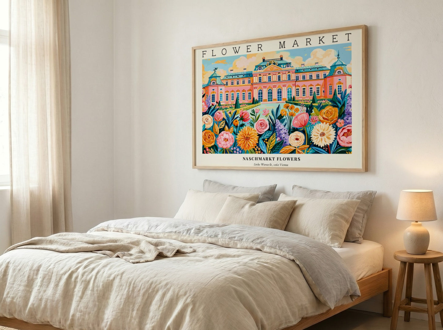 Flower market poster featuring vibrant flowers and a colorful landscape
