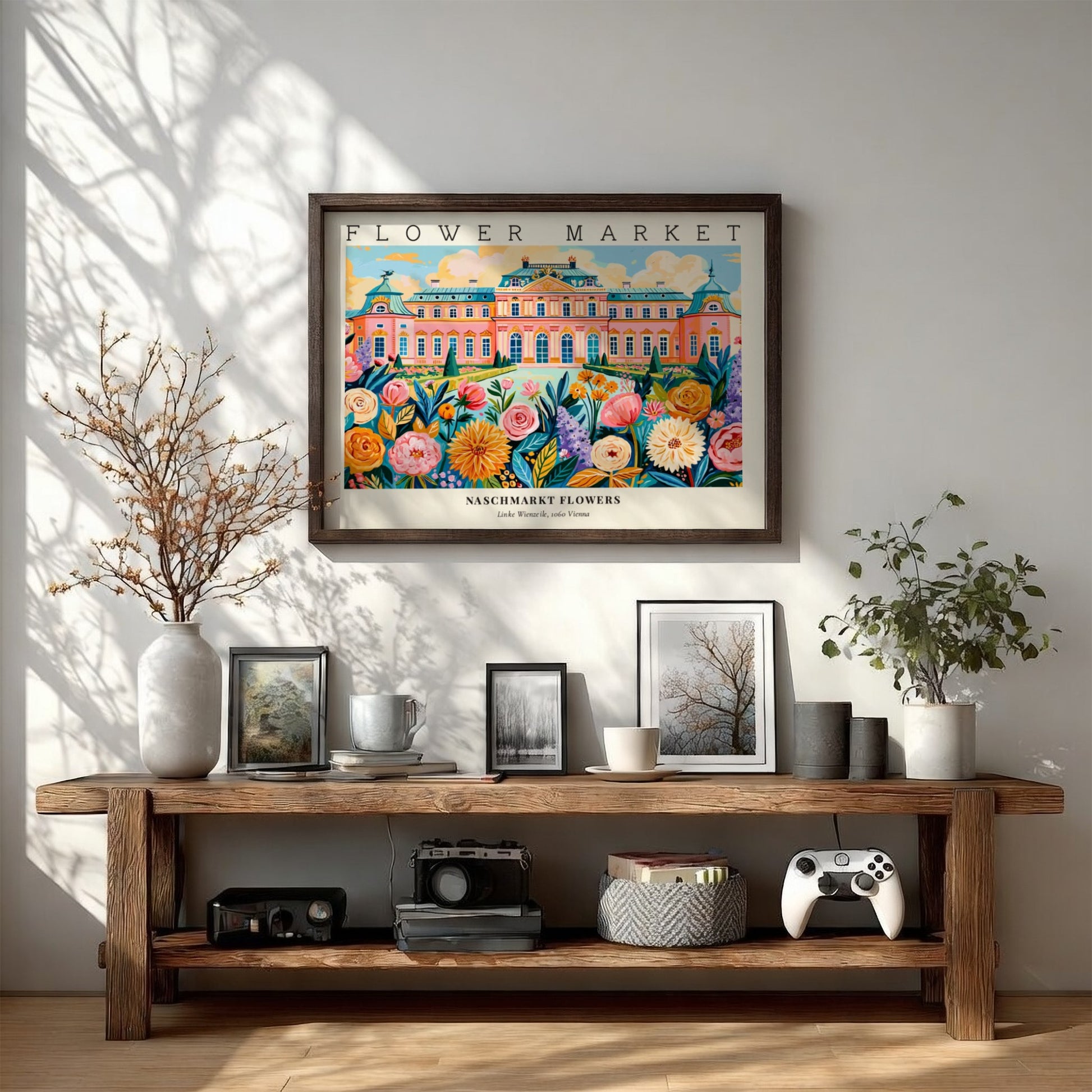 Flower market poster featuring vibrant flowers and a colorful landscape