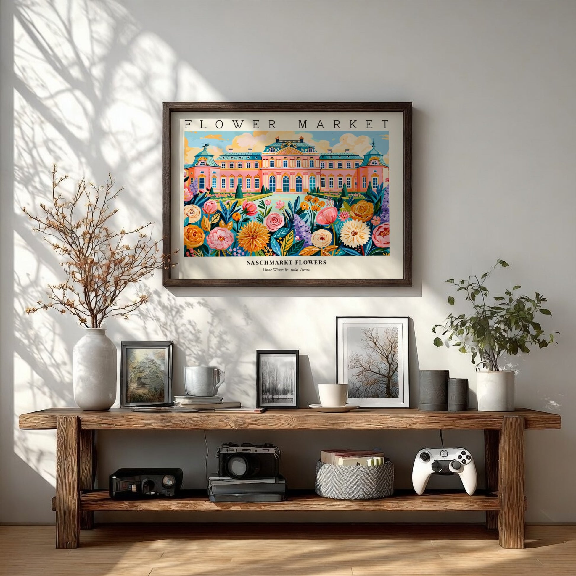 Naschmarkt flowers poster featuring colorful blooms and Vienna architecture in a vibrant style