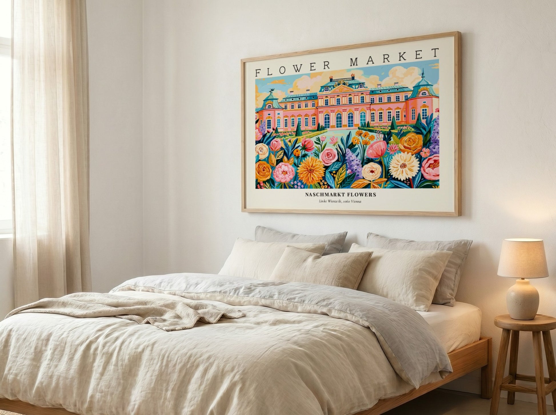 Naschmarkt flowers poster featuring colorful blooms and Vienna architecture in a vibrant style