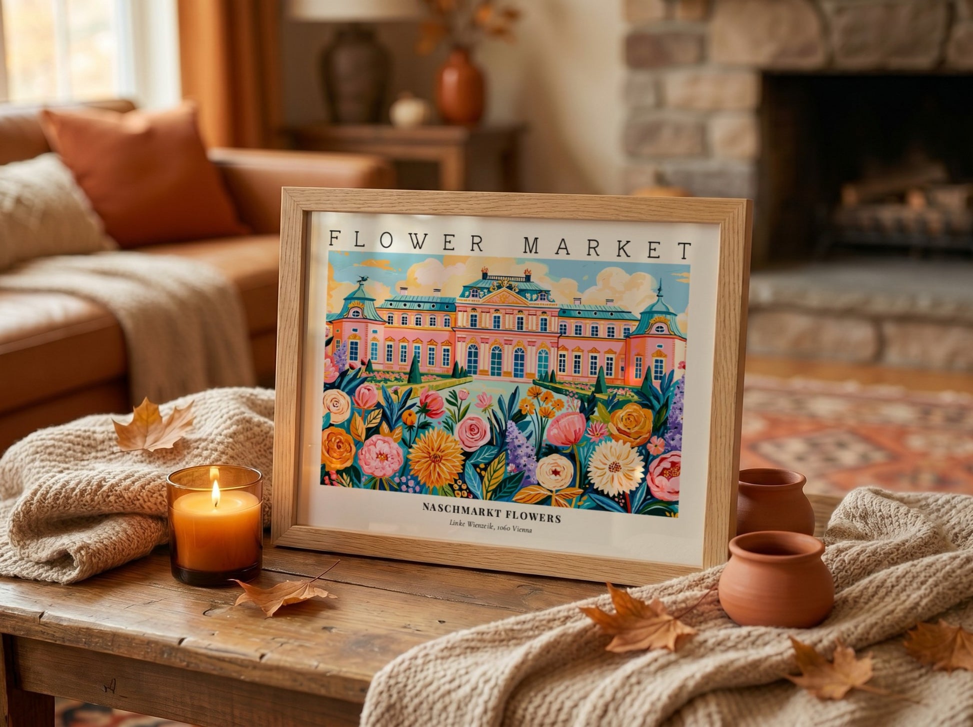 Naschmarkt flowers poster featuring colorful blooms and Vienna architecture in a vibrant style