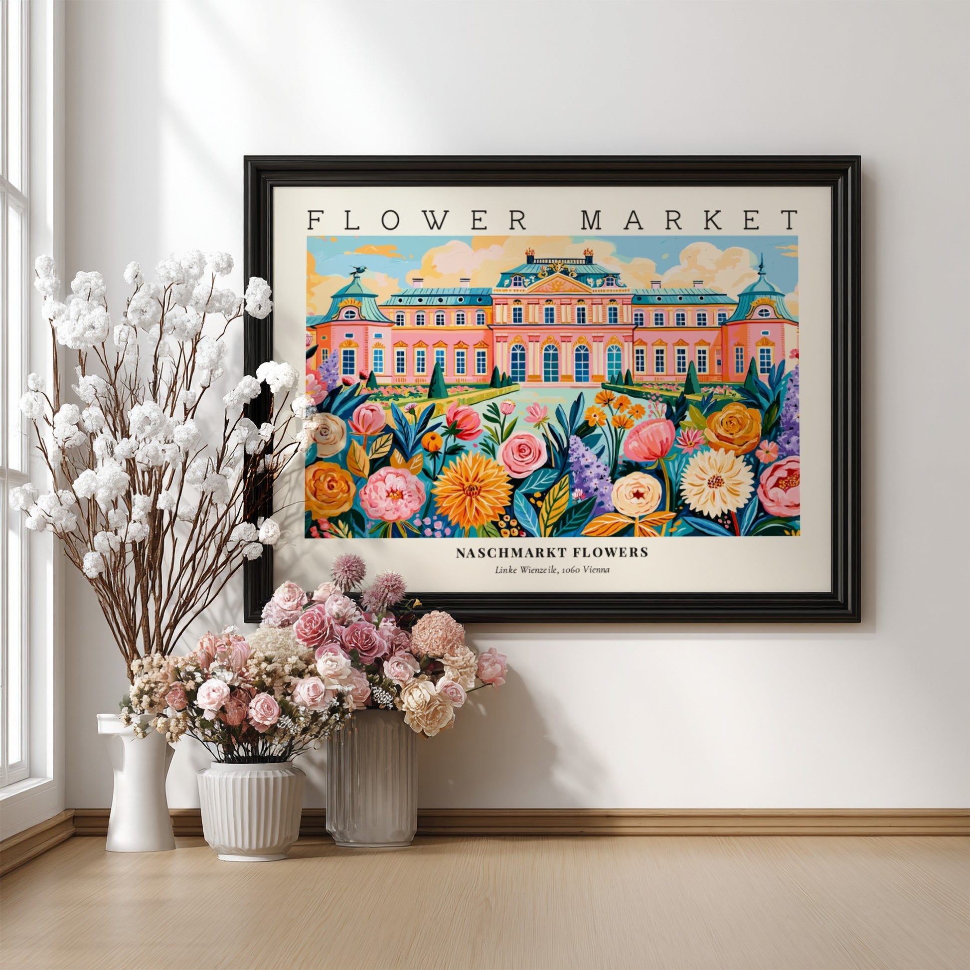 Naschmarkt flowers poster featuring colorful blooms and Vienna architecture in a vibrant style