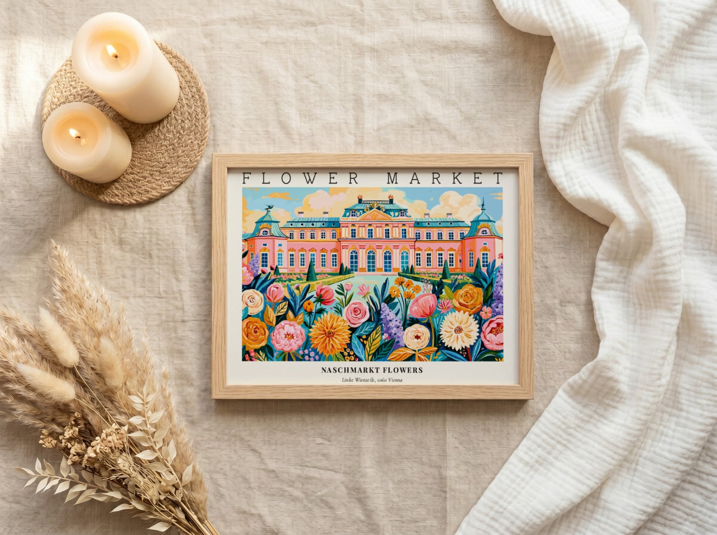 Flower market poster featuring vibrant flowers and a colorful landscape
