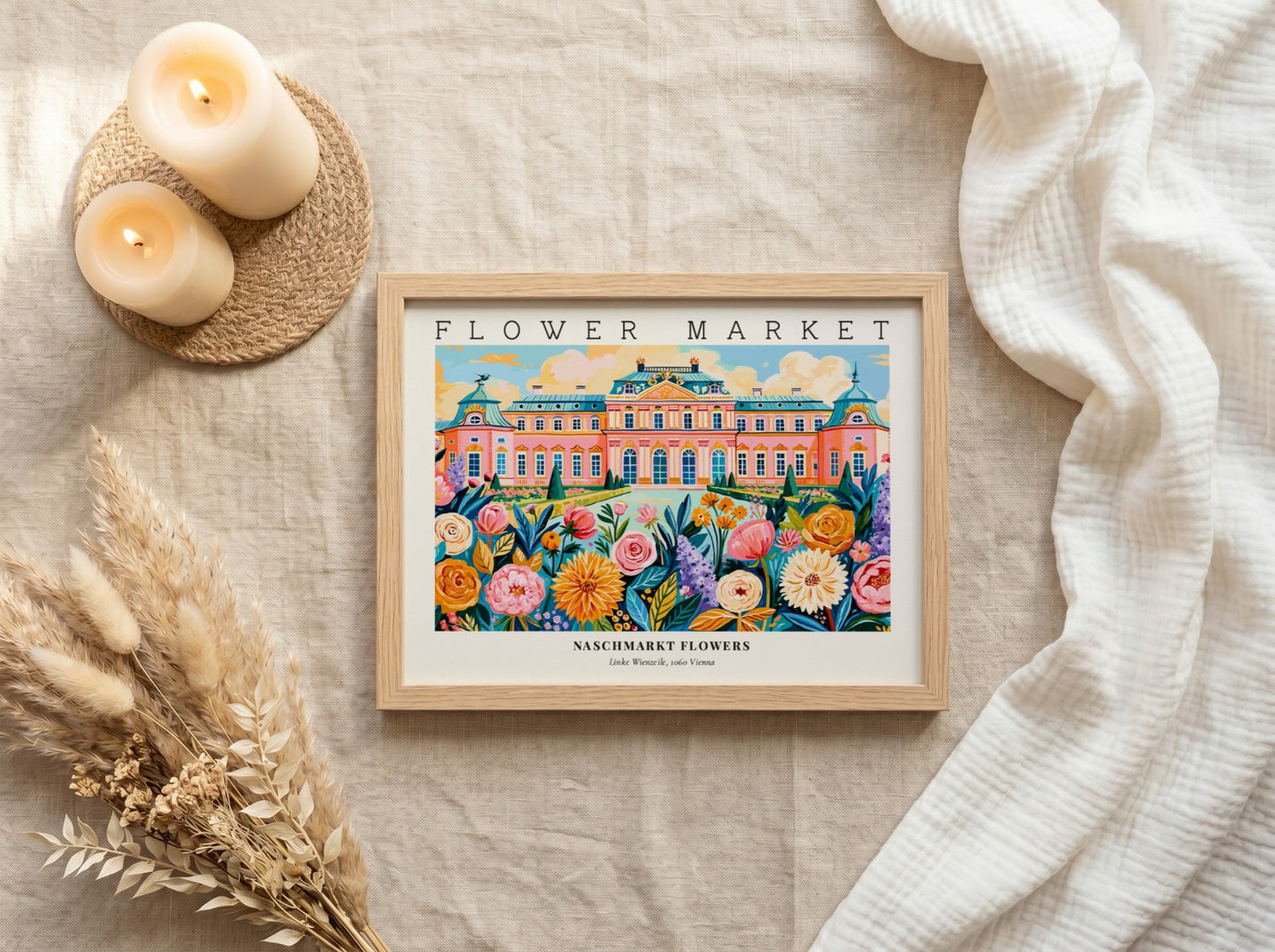 Naschmarkt flowers poster featuring colorful blooms and Vienna architecture in a vibrant style