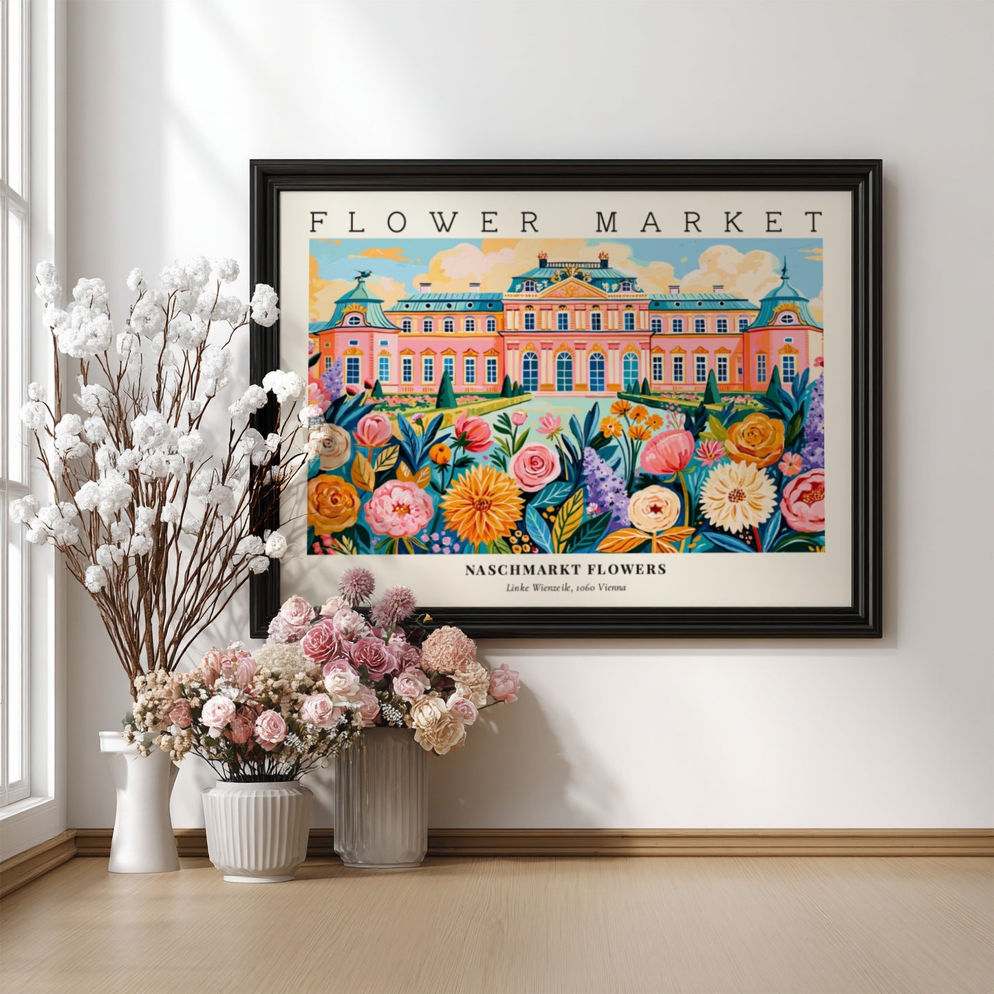 Flower market poster featuring vibrant flowers and a colorful landscape