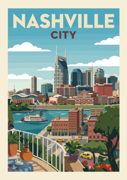 Retro Nashville skyline art print with cityscape, river, and paddlewheel boat in muted colors.