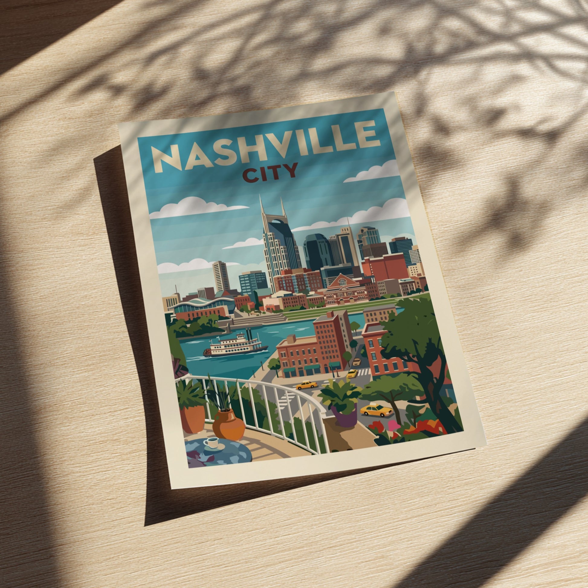 Retro Nashville skyline art print with cityscape, river, and paddlewheel boat in muted colors.