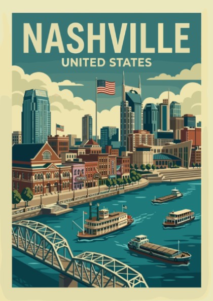 Retro Nashville skyline travel poster featuring a cityscape, river, and boats in a vintage style.