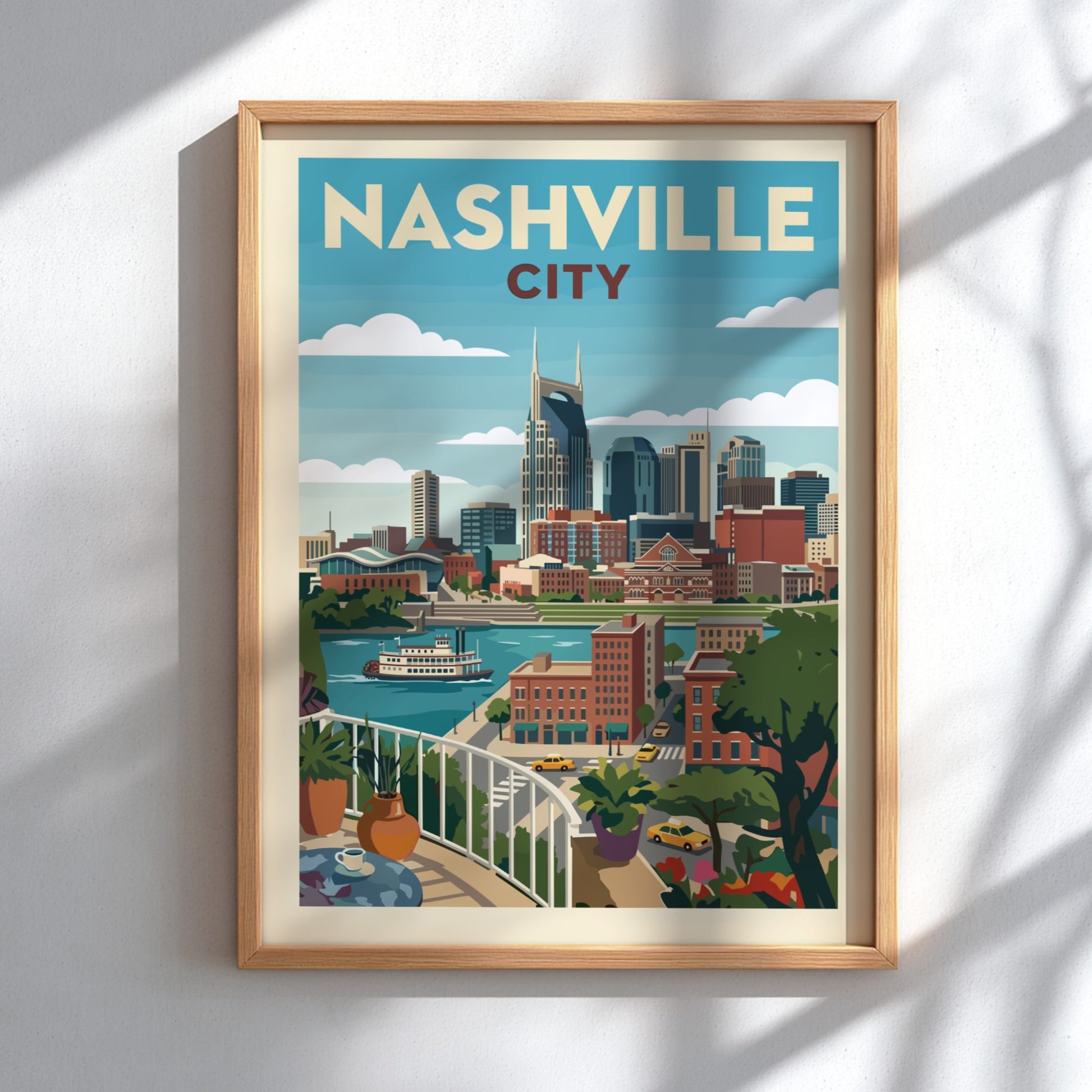 Retro Nashville skyline art print with cityscape, river, and paddlewheel boat in muted colors.